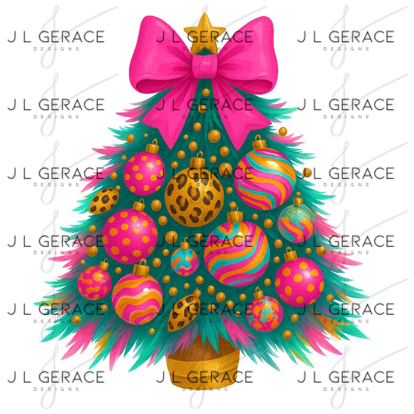 Bright Leopard Ornament Christmas Tree PNG Clipart – Glossy Pink Bow Holiday Design