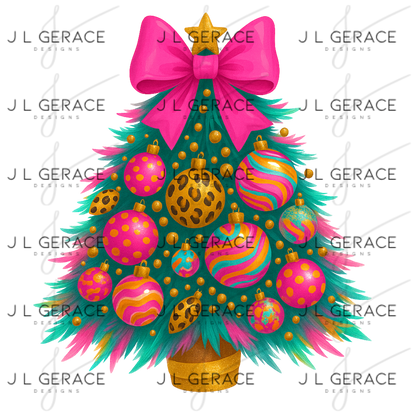 Bright Leopard Ornament Christmas Tree PNG Clipart – Glossy Pink Bow Holiday Design