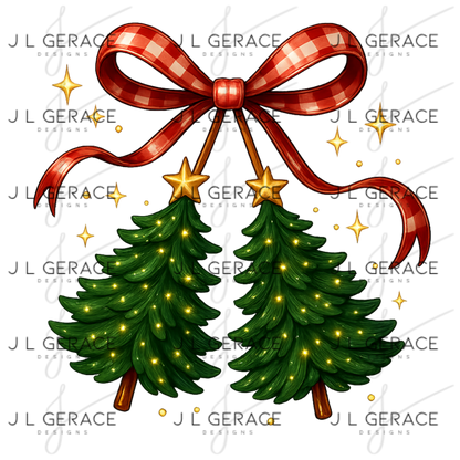 Christmas Bow & Tree Duo PNG Clipart – Glossy Holiday Ribbon and Tree Design