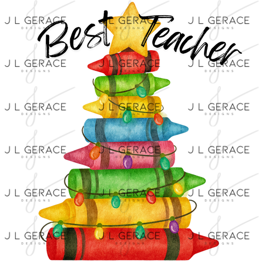 Best Teacher Crayon Christmas Tree PNG – Teacher Holiday Classroom Clipart