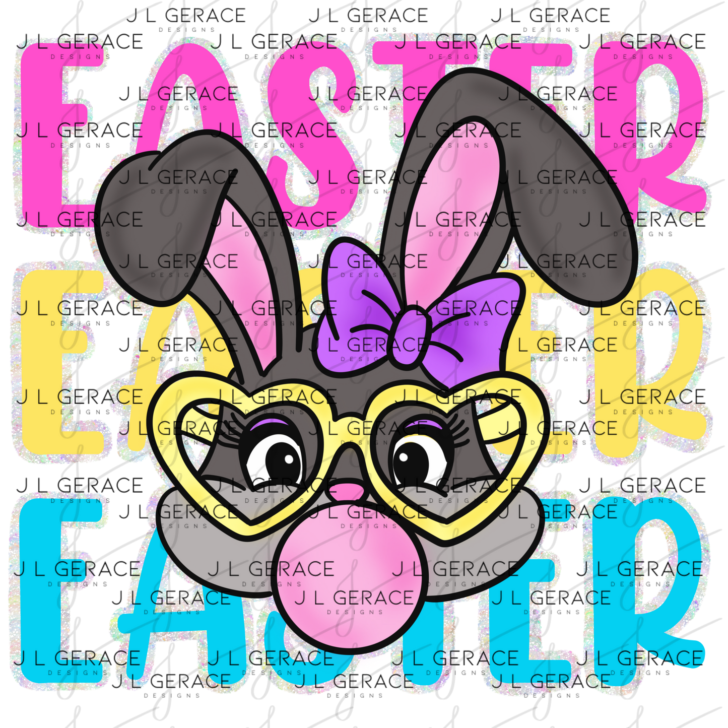 EASTER EASTER EASTER Bunny with Glasses Pink - Yellow - Blue - Chunky Glitter Outline PNG