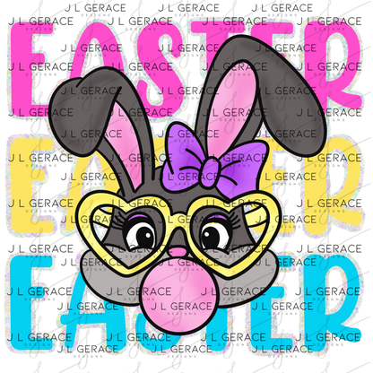 EASTER EASTER EASTER Bunny with Glasses Pink - Yellow - Blue - Chunky Glitter Outline PNG