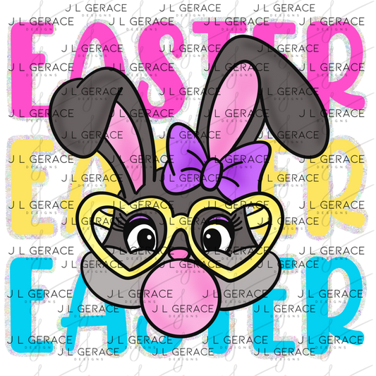 EASTER EASTER EASTER Bunny with Glasses Pink - Yellow - Blue - Chunky Glitter Outline PNG