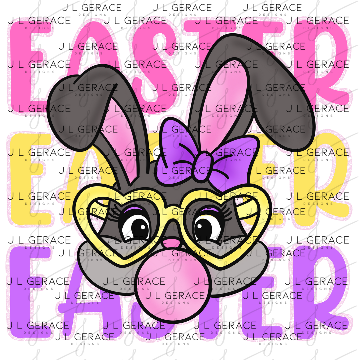 EASTER EASTER EASTER Bunny with Glasses Pink - Yellow - Purple Chunky Glitter Outline PNG