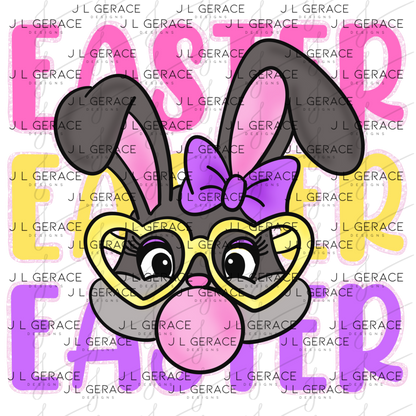 EASTER EASTER EASTER Bunny with Glasses Pink - Yellow - Purple Chunky Glitter Outline PNG