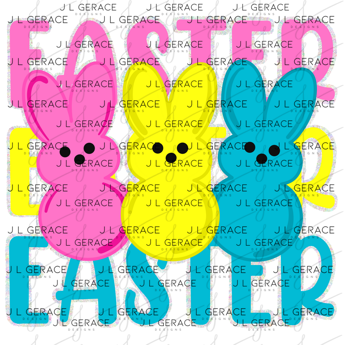 EASTER EASTER EASTER Bunnies Pink - Yellow - Blue Chunky Glitter Outline PNG