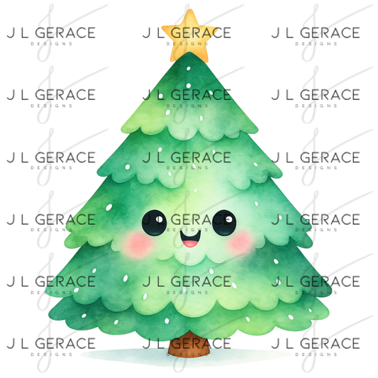 Cute Kawaii Watercolor Christmas Tree PNG