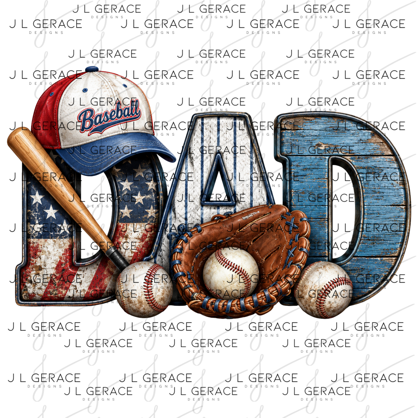 Dad PNG – Baseball American Flag Rustic Design with Bat Glove and Hat