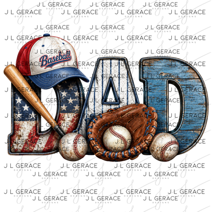 Dad PNG – Baseball American Flag Rustic Design with Bat Glove and Hat