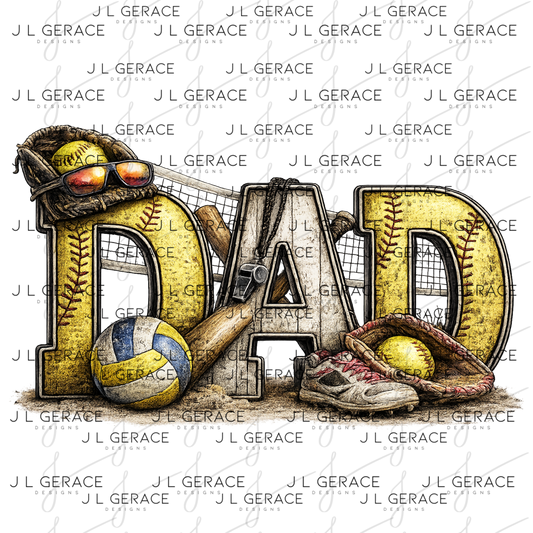 Dad PNG – Softball Multi-Sport Design with Bat Glove Volleyball and Gear