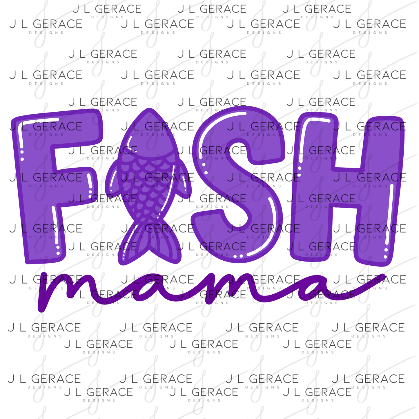Fish Mama PNG – Purple Fishing Design with Fish Silhouette Letter