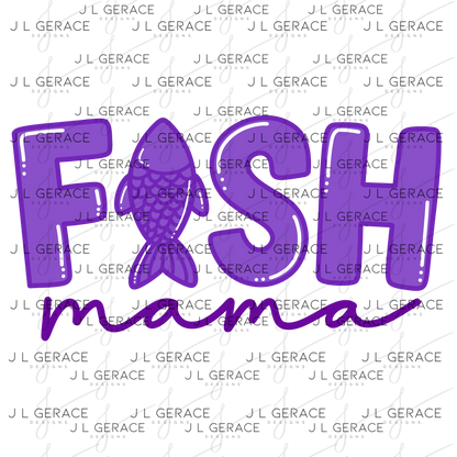 Fish Mama PNG – Purple Fishing Design with Fish Silhouette Letter