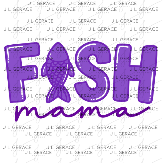 Fish Mama PNG – Purple Fishing Design with Fish Silhouette Letter