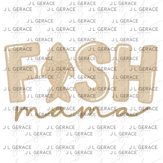 Fish Mama PNG – Tan Glossy “FISH Mama” Design with Fish Letter