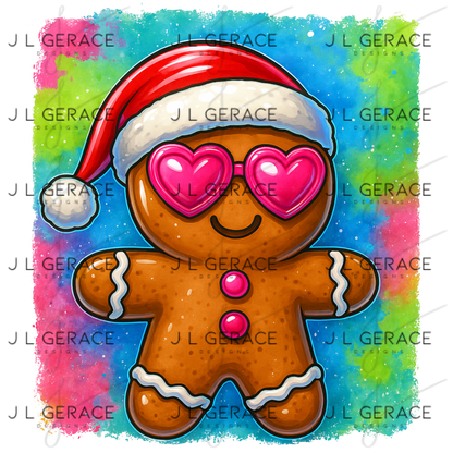 Gingerbread Man PNG – Cute Christmas Cookie with Heart Glasses & Santa Hat
