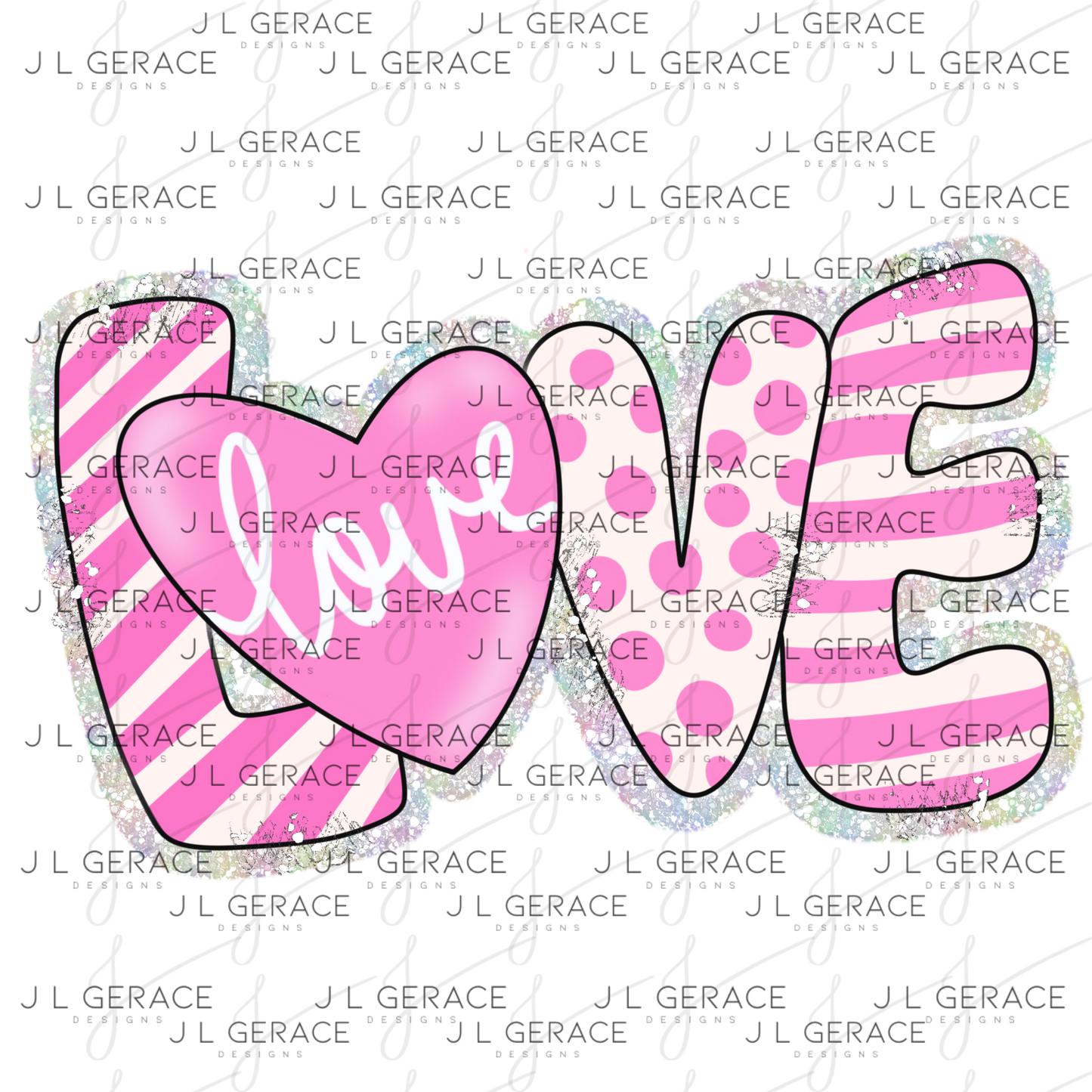 Glitter Outline Love Word PNG with Heart – Pink Mixed Pattern Design