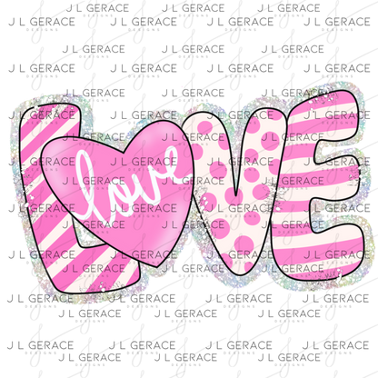 Glitter Outline Love Word PNG with Heart – Pink Mixed Pattern Design