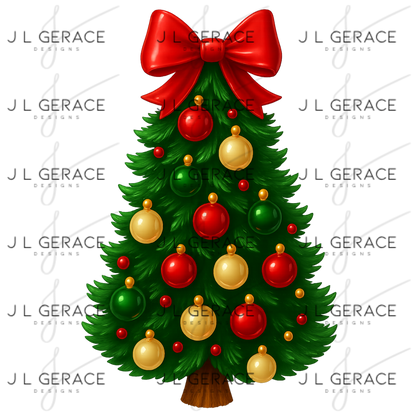 Glossy Red Bow Christmas Tree PNG – Classic Red & Gold Ornaments Clipart