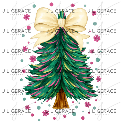 Gold Bow Christmas Tree PNG Clipart – Watercolor Pastel Holiday Design