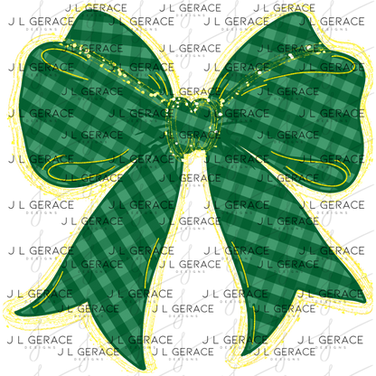 Green Gingham Bow PNG Gold String Glitter Outline St Patricks Day Sublimation Digital Download