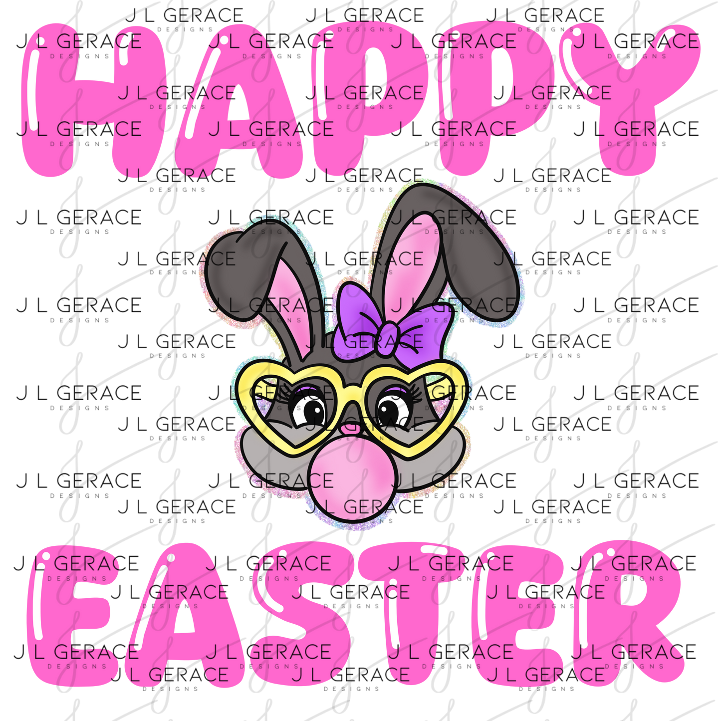 Happy Easter Bunny Bubblegum Rainbow Glitter Clipart Sublimation PNG