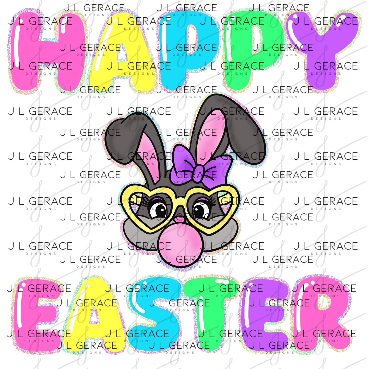 Happy Easter Bunny Bubblegum Rainbow Glitter Letters Clipart Sublimation PNG