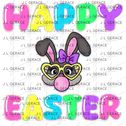 Happy Easter Bunny Bubblegum Rainbow Glitter Letters Clipart Sublimation PNG