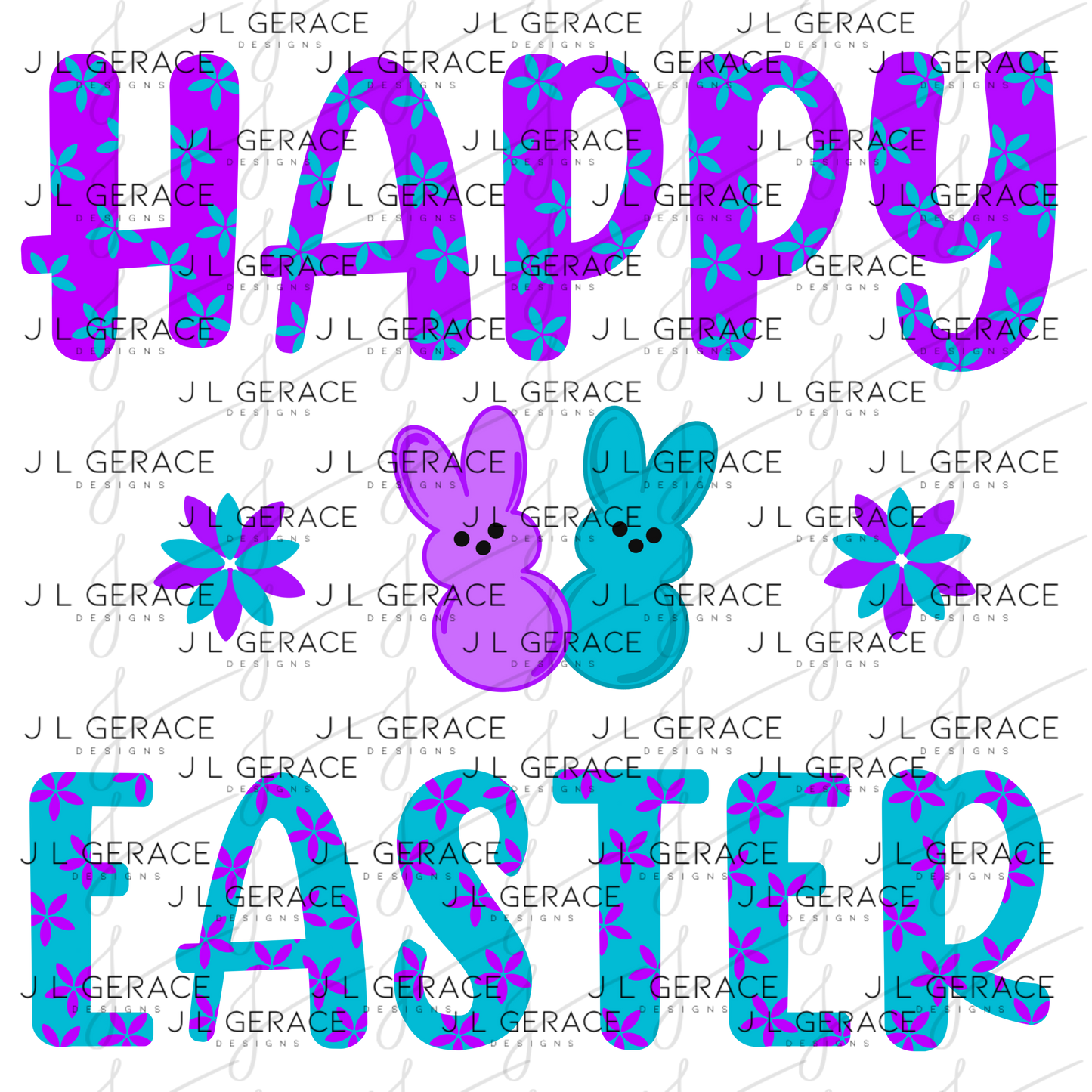 Happy Easter PNG Purple Teal Bunny Peeps Flower Pattern Easter Clipart
