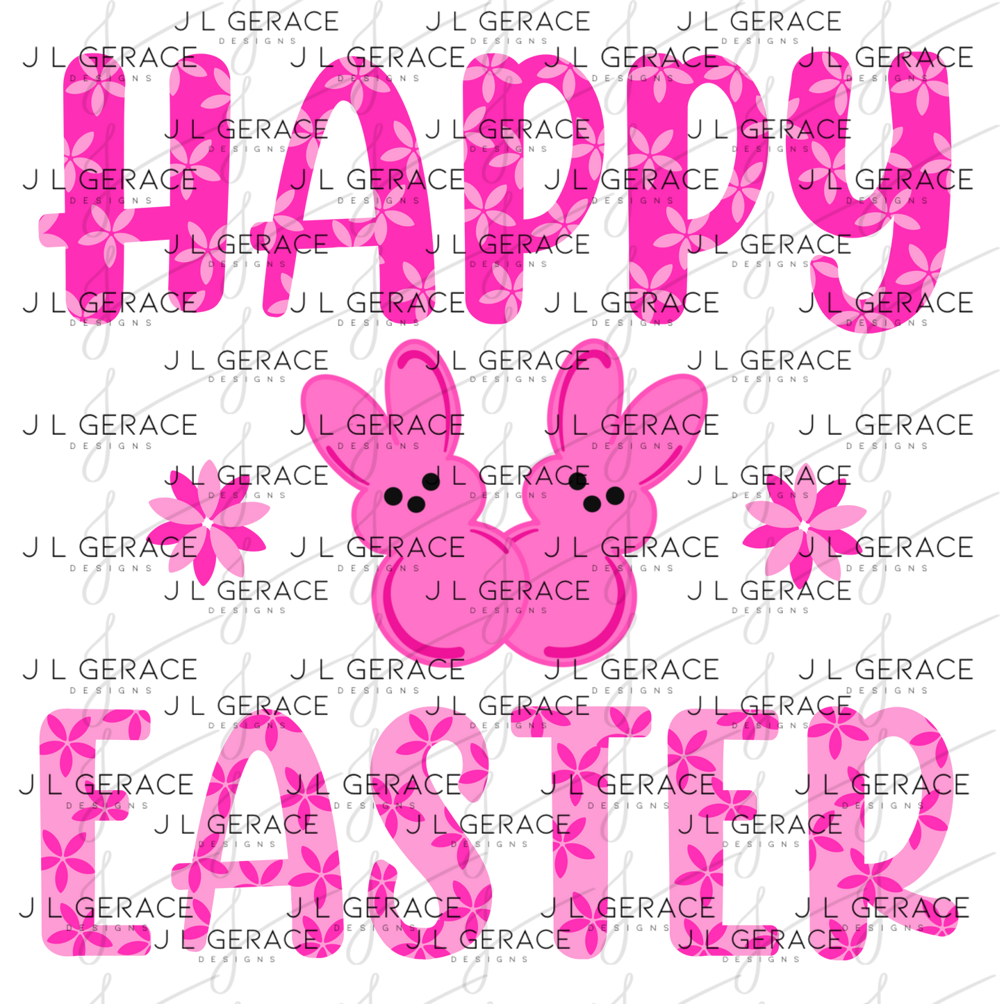 Happy Easter Pink Bunny Peep Flowers Clipart Sublimation PNG