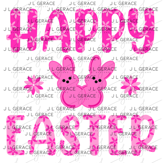 Happy Easter Pink Bunny Peep Flowers Clipart Sublimation PNG