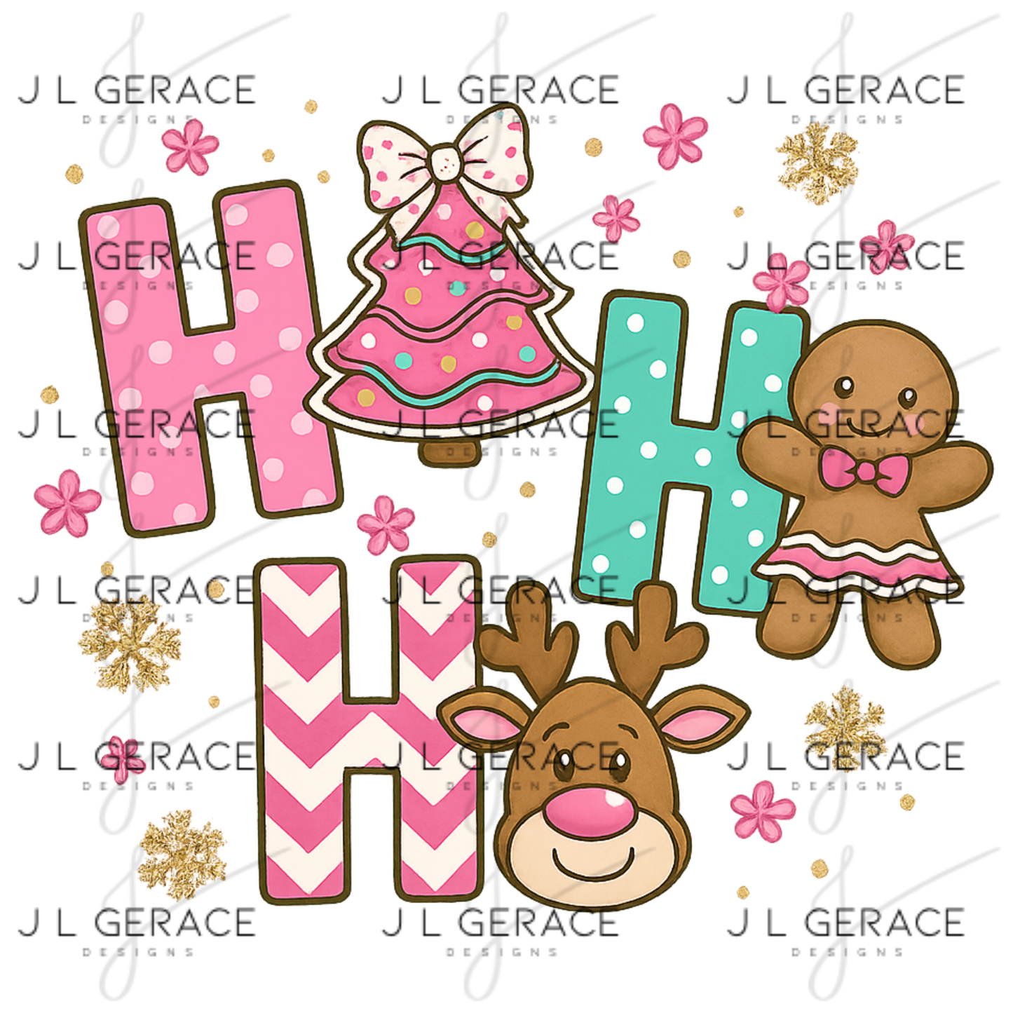 Ho Ho Ho Christmas PNG – Pink Cute Gingerbread, Reindeer & Tree Clipart