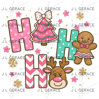 Ho Ho Ho Christmas PNG – Pink Cute Gingerbread, Reindeer & Tree Clipart
