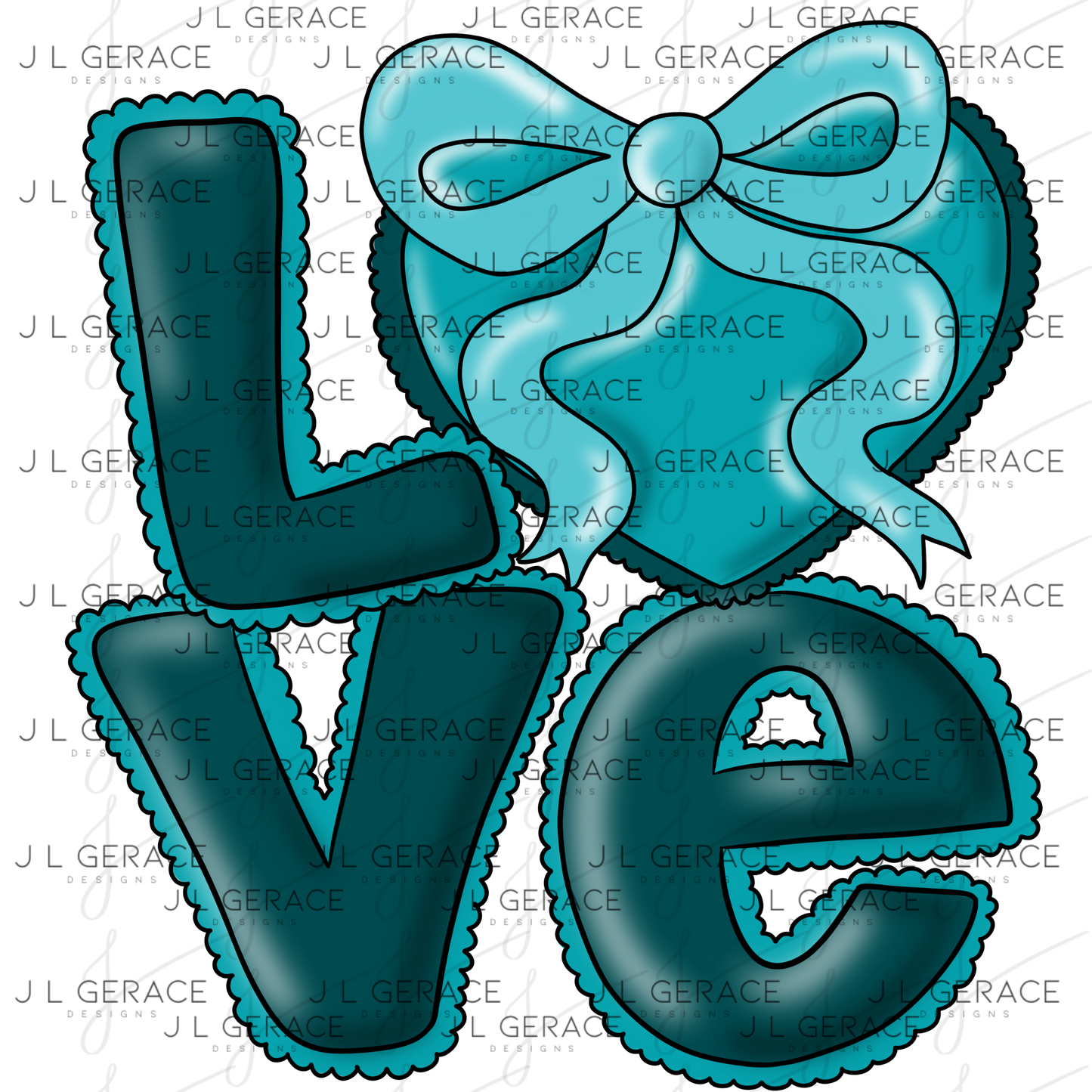 Dark Teal Love Bubble Letter PNG with Bow Accent Black outline Design