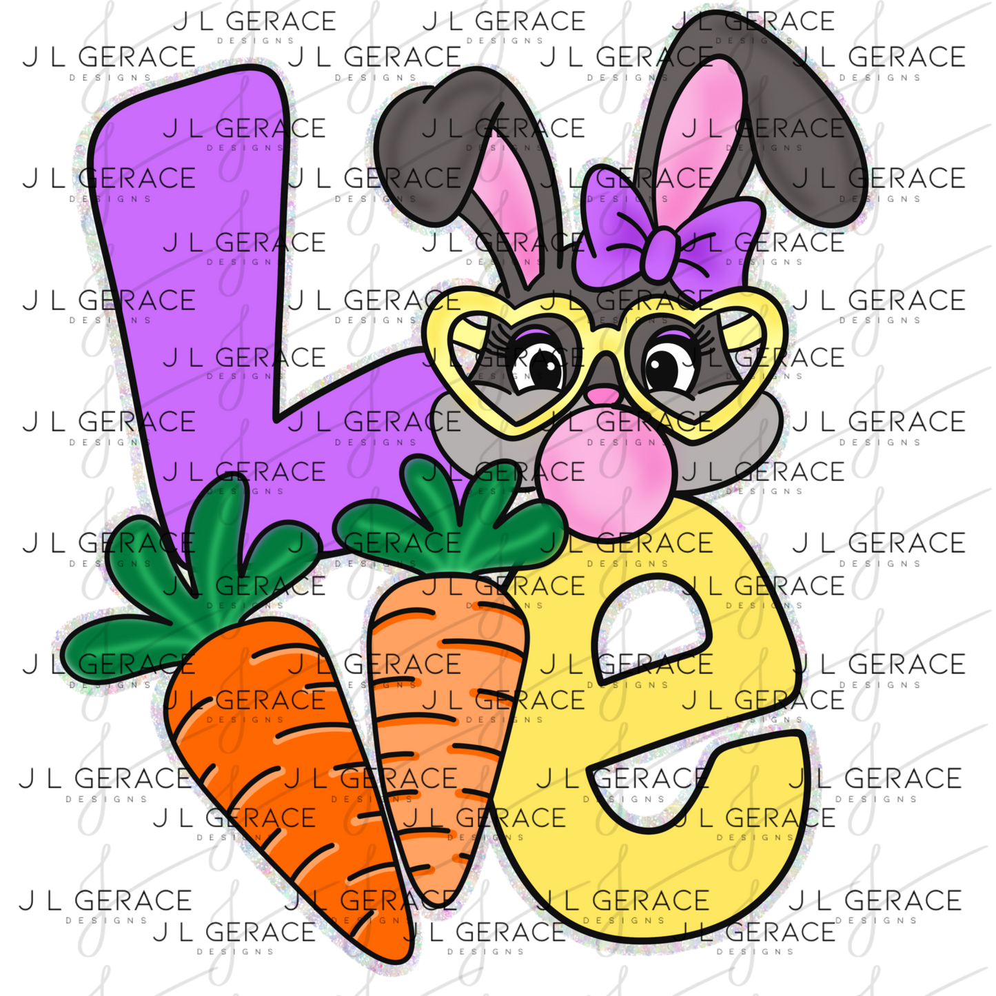 LOVE Easter Bunny with Carrots - Chunky Glitter Outline PNG
