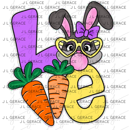 LOVE Easter Bunny with Carrots - Chunky Glitter Outline PNG