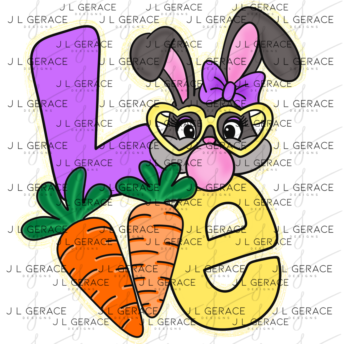 LOVE Easter Bunny with Carrots - Gold String Glitter PNG