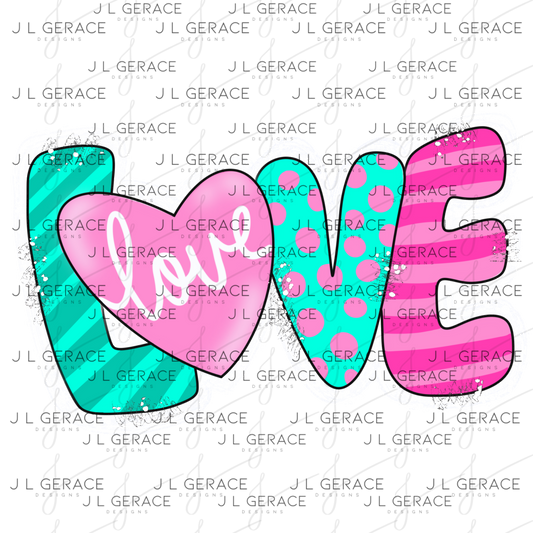 Colorful Love Word Art PNG with Heart Pink & Teal with Glitter – Mixed Pattern Design