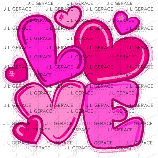 Pink Love Bubble Letter PNG with hearts String Glitter Outline