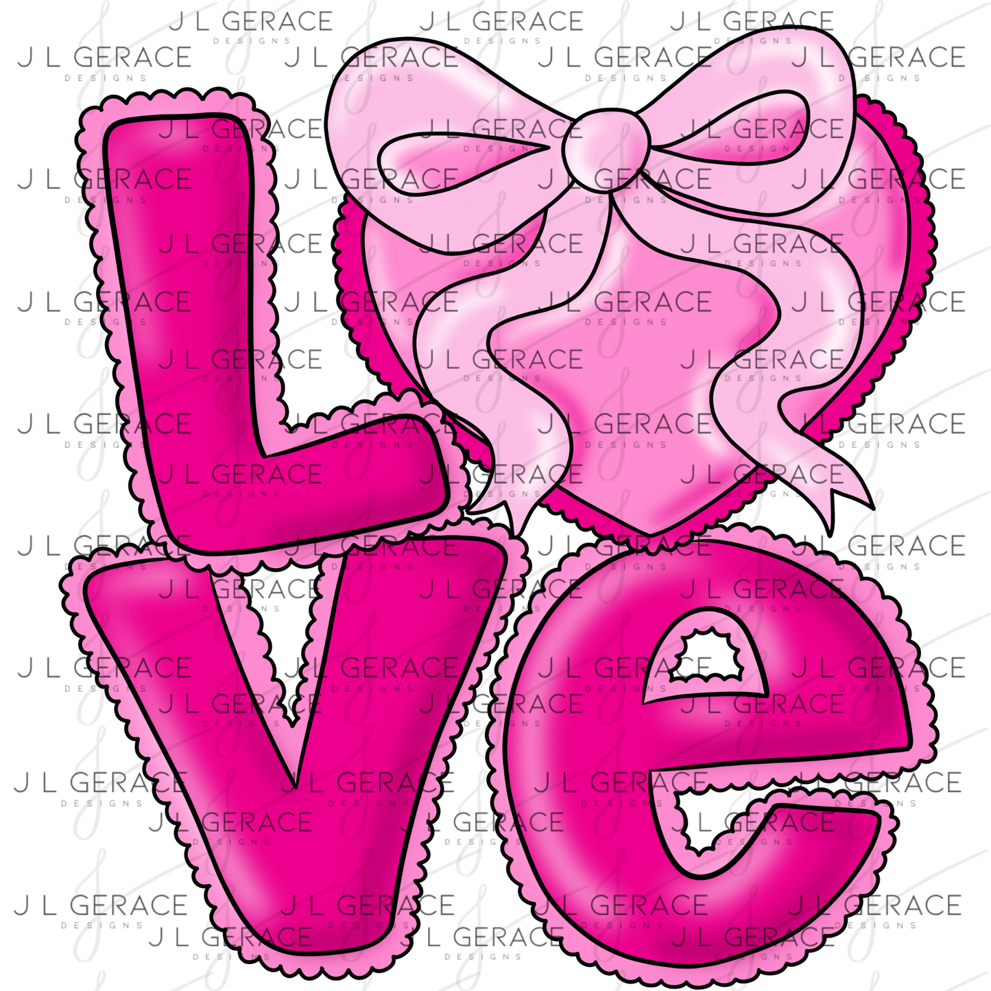 Love Pink Heart Bow PNG Valentine Word Art Design with outline