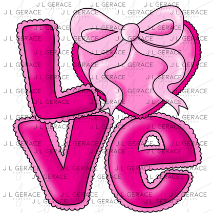 Love Pink Heart Bow PNG Valentine Word Art Design with outline
