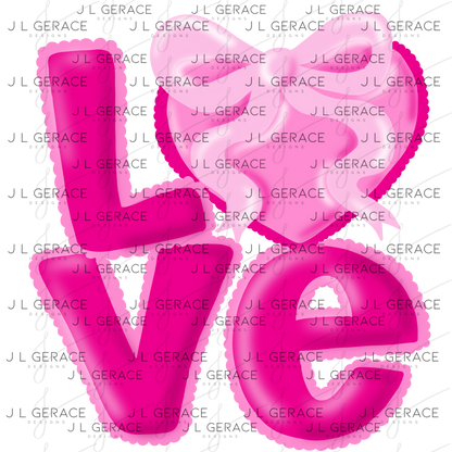 Love Pink Bubble Letter PNG with Heart Bow Design