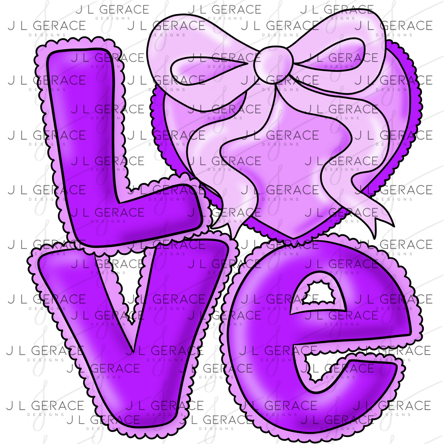 Purple Love Bubble Letter PNG with Bow Accent Black Outline Design