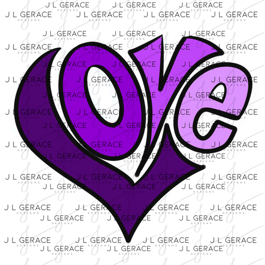 LOVE heart Letters Purple PNG with Glitter Outline Design