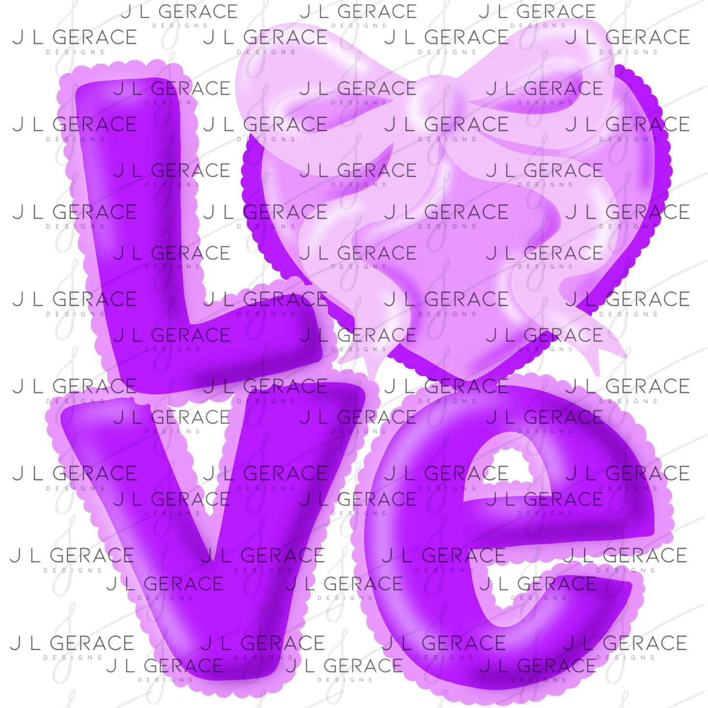 Purple Love Bubble Letter PNG with Heart Bow Design Scalloped Trim