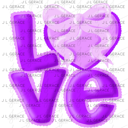 Purple Love Bubble Letter PNG with Heart Bow Design Scalloped Trim