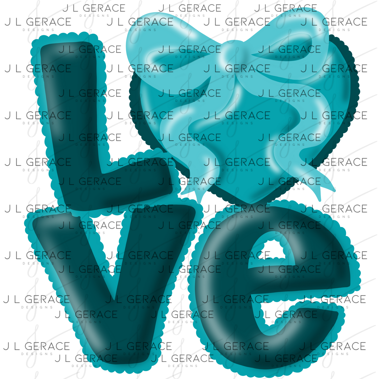 Teal Love Bubble Letter PNG with Bow Accent Scalloped Trim Design
