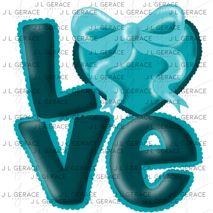Teal Love Bubble Letter PNG with Bow Accent Scalloped Trim Design