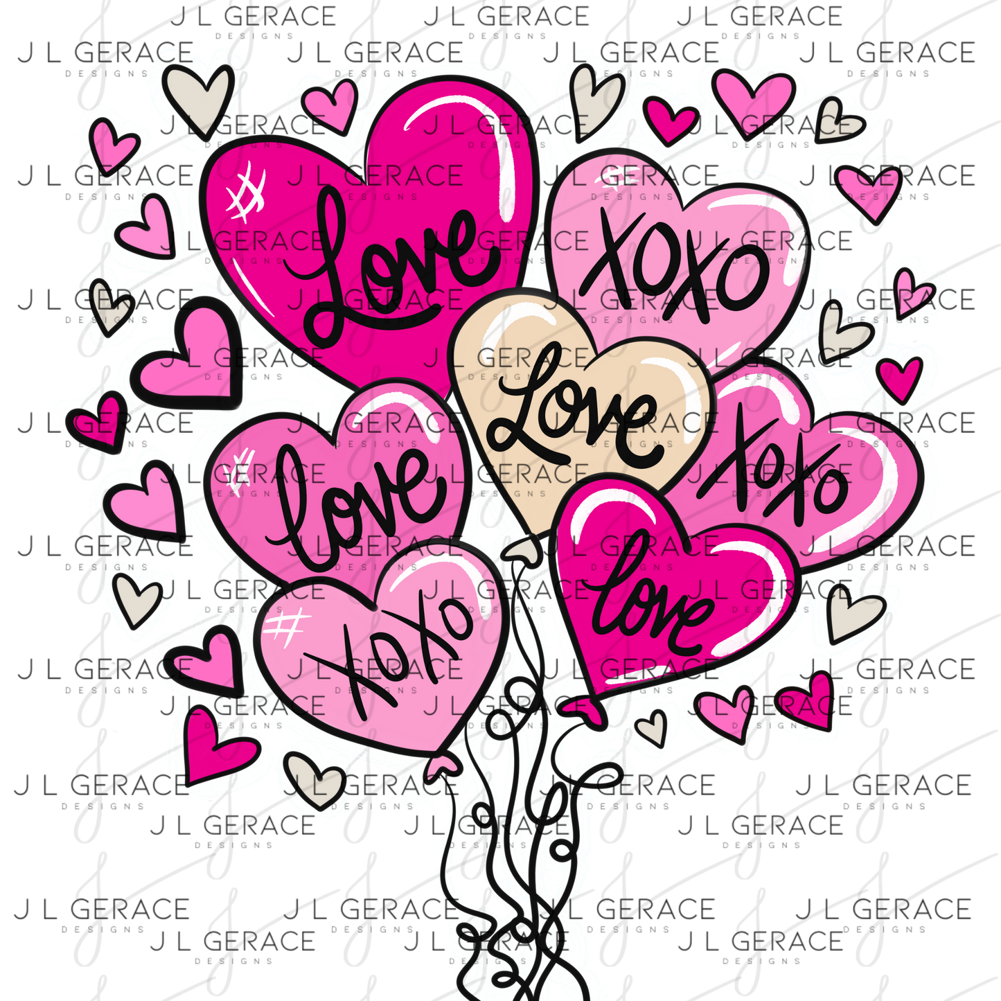 Pink Love & XOXO Heart Balloon Bouquet with Glitter String Outline PNG