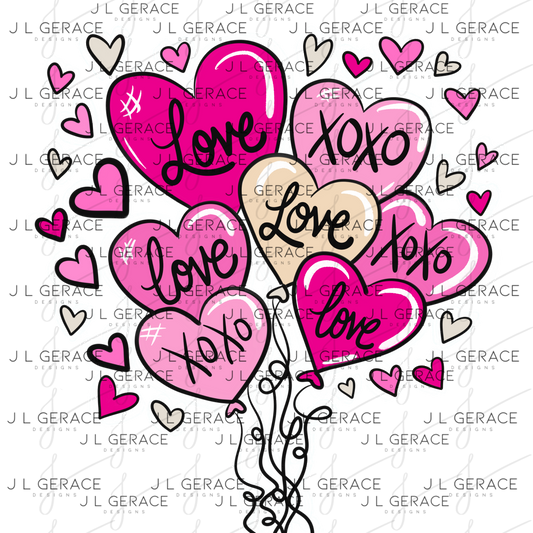 Pink Love & XOXO Heart Balloon Bouquet with Glitter String Outline PNG