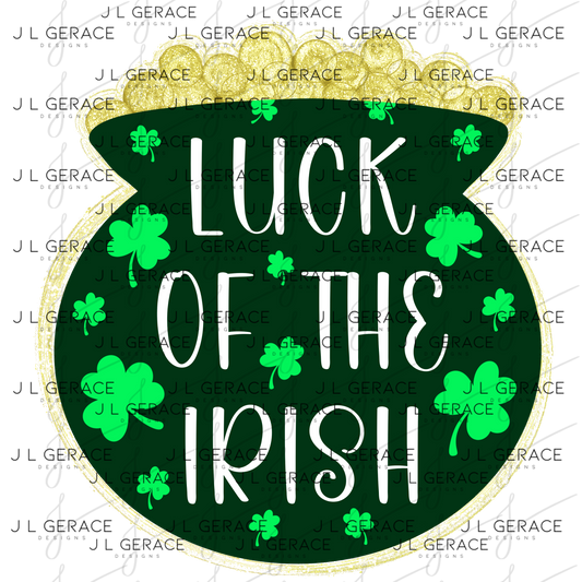 Luck of the Irish Pot of Gold Glitter Outline PNG St Patricks Day Sublimation Design